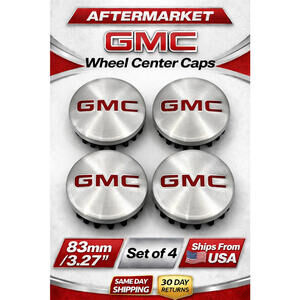 GMC Replacement Wheel Center Caps Brushed Aluminum Red Logo 83mm 3.27” Set of 4
